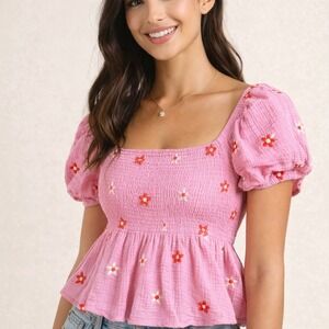 Altar State Pink Smocked Peplum Top Puff Sleeve Embroidered Floral Square Neck